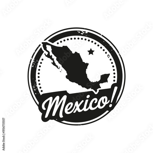 A vintage style stamp depicting the map of mexico with bold text