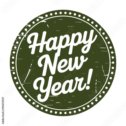 A vintage style circular badge displaying the text happy new year