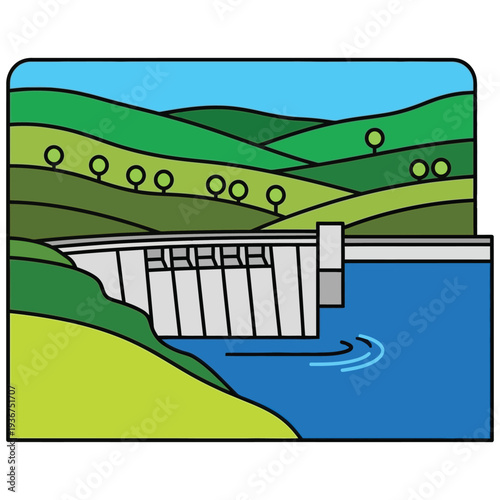 Hydroelectric dam in green hilly landscape generating clean power vector illustration