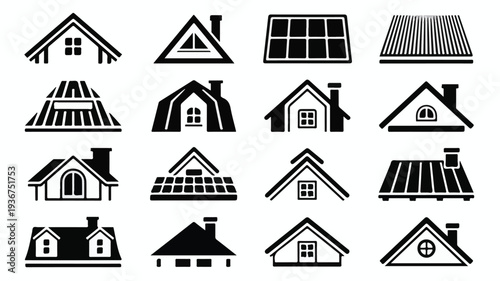 A collection of 16 black and white roof icons featuring various architectural styles and designs in a grid layout