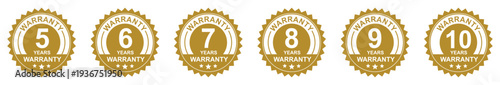 Luxury gold warranty seal badges set, 5 to 10 years guarantee labels with check mark and stars, premium quality golden stickers collection.