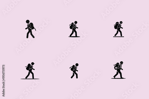 Sequence of a person walking with a backpack on a pink background, armed forces day