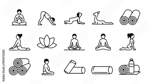 Collection of Minimalist Illustrations Depicting Yoga Poses and Accessories from Various Angles