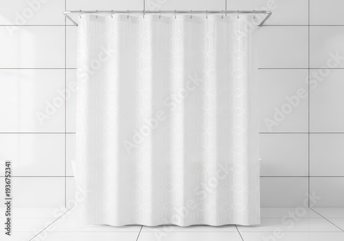 Clean white patterned plastic shower curtain hanging in a modern tiled bathroom providing privacy and style, water, bathroom, bath