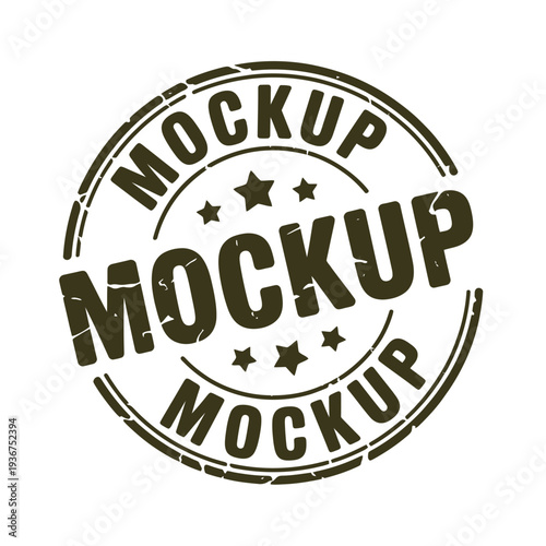 A circular mockup stamp with the word mockup repeated and star symbols