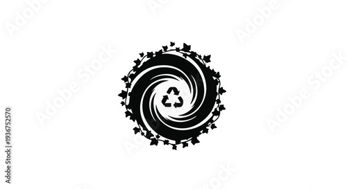Abstract circular symbol with recycling icon at its core, representing ecological balance and sustainability.