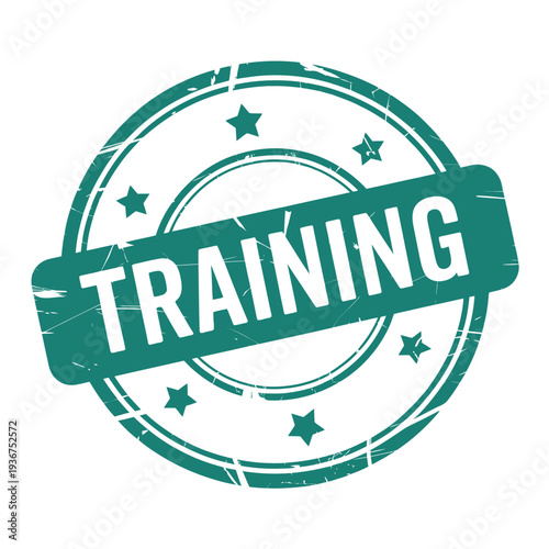 A teal circular stamp with the word training and surrounding star details