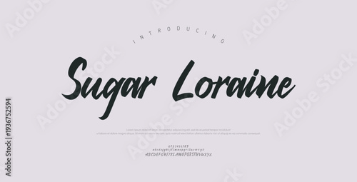Sugar Loraine, Script Font Uppercase Lowercase and Number. Classic Lettering Minimal Fashion Designs. Typography modern Serif fonts regular decorative vintage concept.
