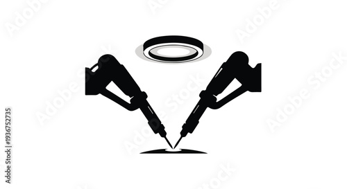 Dynamic vector graphic of twin jackhammers striking ground beneath a guiding halo, symbolizing construction, demolition, and industrial power