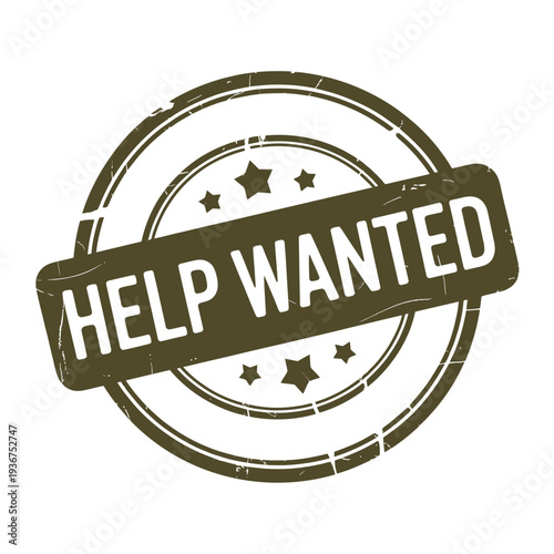 Olive drab circular stamp displaying the words help wanted in bold lettering