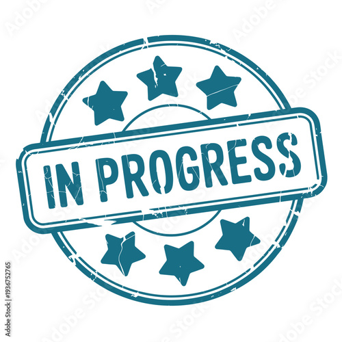 A teal circular stamp displays the phrase in progress with surrounding stars
