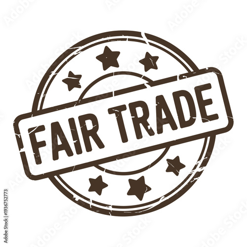 A distressed brown fair trade stamp with stars and a central label