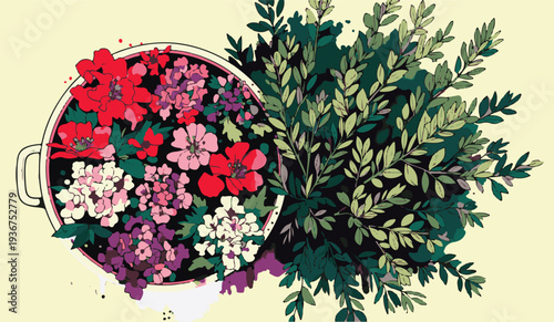 Top view of a garden flower bed background illustration, Cute vector illustration with colorful flowers and greenery plants isolated white background.