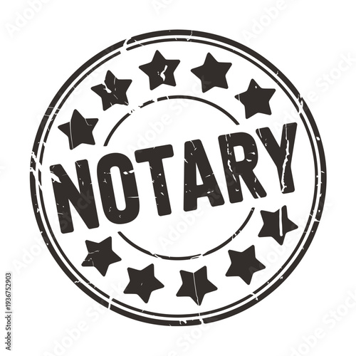A distressed black and white circular stamp displaying the word notary with stars