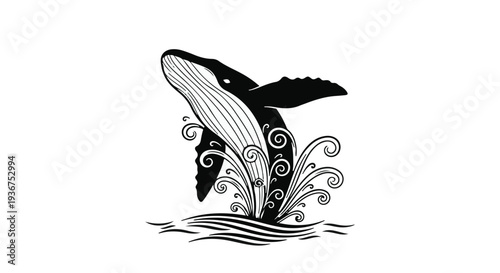 Majestic whale breaches from stylized ocean waves with decorative swirls