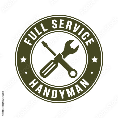 A circular badge displaying full service handyman with tools