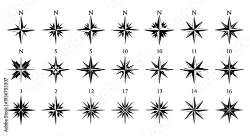 Collection of Compass Rose and Wind Rose Navigation Icons on Isolated White Background