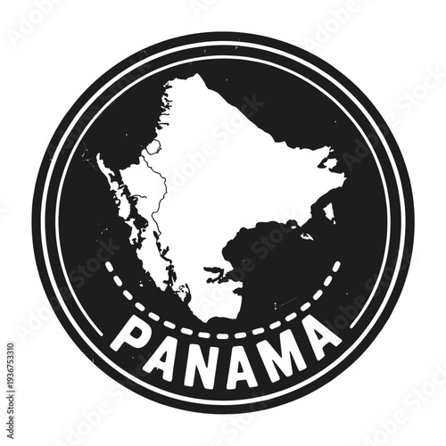 A black and white circular emblem displaying the outline of panama