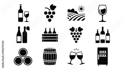 A collection of wine-related icons including bottles, glasses, grapes, and barrels in a grid layout.