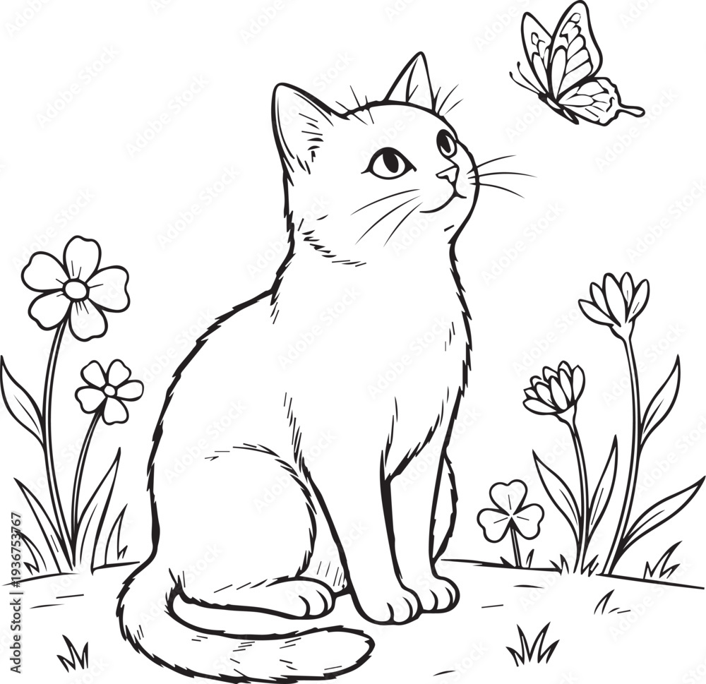 Obraz premium Cute Cat Sitting In Flower Garden Coloring Page