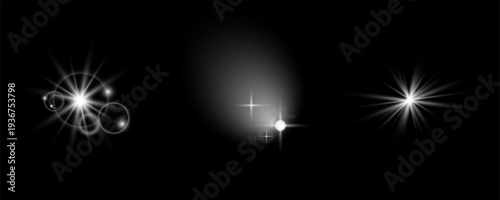 Light flare collection with radiant star effect, soft glow beam and lens circles isolated on dark background