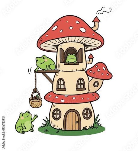 Fantasy mushroom house and frogs clip art
