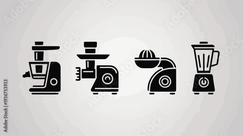 A set of professional premium vector icons featuring blender, grinder, juicer, and mixer equipment in a modern kitchen environment from a straightforward viewpoint