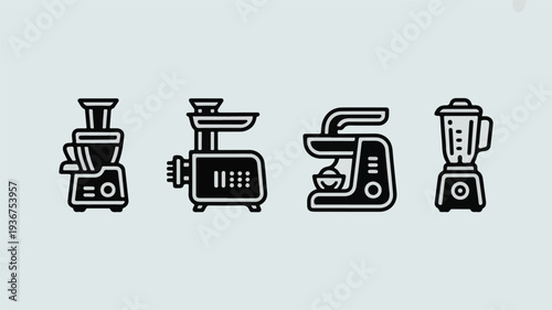 Various kitchen appliances including juicer, toaster, food processor and blender icons displayed in a line on a clean background