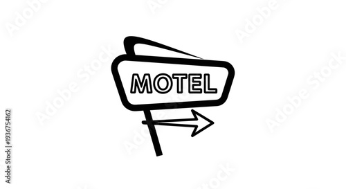 Retro Motel Sign with Arrow Outline Icon for Lodging and Travel Direction on Isolated White Background