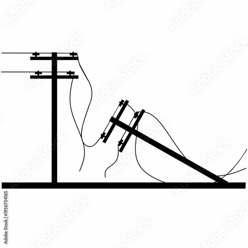 Vector of a fallen and damaged electricity pole due to a natural disaster. The tower is broken on the side of the road. Isolated on a white background.