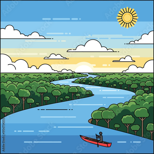 Canoeist on river at sunset surrounded by lush forest and fluffy clouds in clear sky