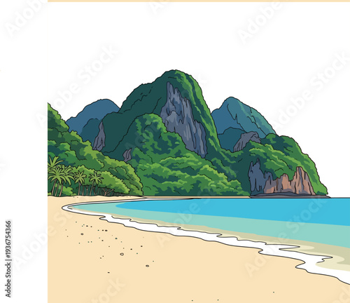 Tropical island beach with palm trees and lush green mountains and clear blue ocean water