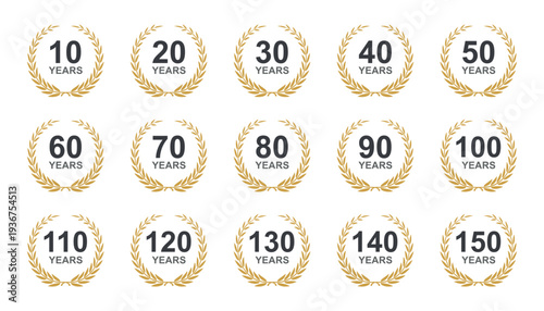 Anniversary laurel wreath. 10 to 150 years anniversary floral laurel wreath. Anniversary icon or logo with laurel wreath. 10-150 years celebration label