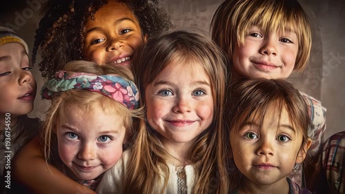 Group of diverse children with varying hairstyles and expressions pose closely together, showcasing joy and friendship in a warm, neutral-toned indoor setting