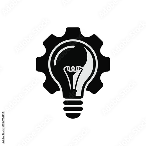 A black and white illustration of a lightbulb surrounded by a cogwheel, symbolizing innovation and technological advancement in a vector graphic.