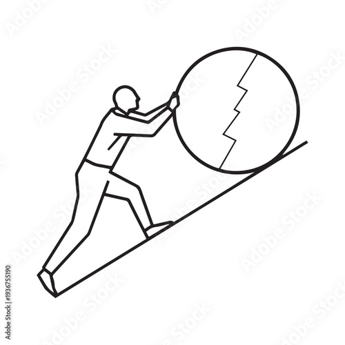 Hard Working Man Pushing Heavy Stone Uphill Concept