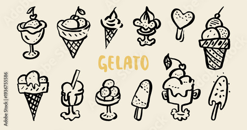Ice-cream ink brush illustration. Whimsical ice cream crayon doodle collection. Playful vector retro hand-drawn cones, gelato scoops. Sweet fruity treats summer design. Cute charming sketch icon set