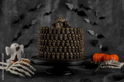 Foto Halloween chocolate cake decorated with chocolate skulls and a skeleton hand on a black cake stand