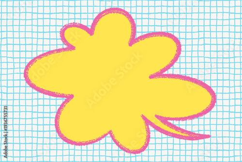 Yellow crayon speech bubble with pink outline on blue grid background. Hand d...