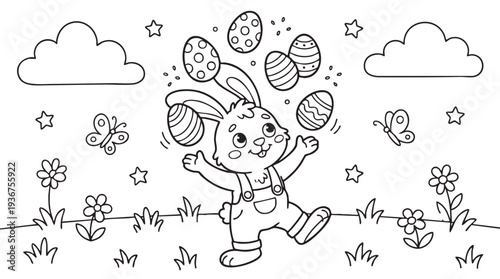 Easter Bunny Juggling Eggs Coloring Page for Kids