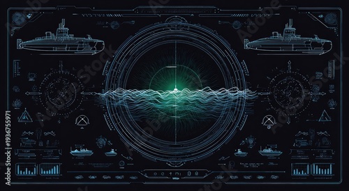 Futuristic sonar display depicts ocean waves, subs, and environmental data