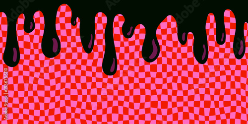 Psychedelic checker background with red and pink warped squares and black dripping paint in a groovy style. Psychedelic checker pattern with bold paint accents. Ideal for posters and covers