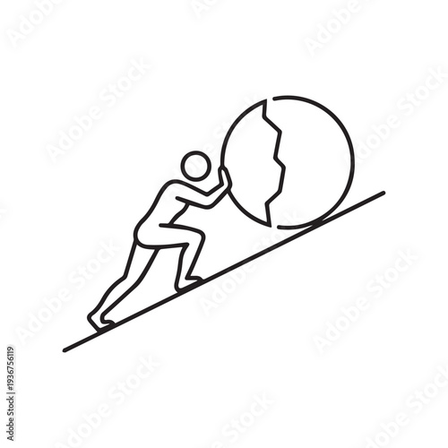 Hard Working Man Pushing Heavy Stone Uphill Concept