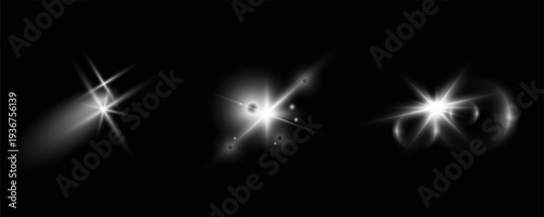 Abstract Light Flare Pack with Starburst, Light Rays and Shiny Glow Effects on Black Background