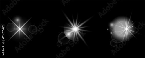 Abstract Light Flare Pack with Starburst, Soft Glow and Floating Bokeh Elements on Black Background