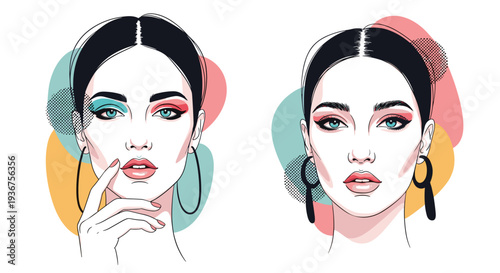 Modern pop art illustration featuring two portraits of a beautiful woman with stylish makeup and abstract colorful shapes in the background.