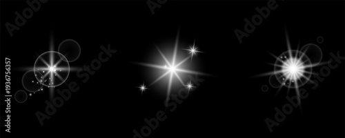 White Lens Flare Effects Set with Starburst Light, Glow Rings and Floating Bokeh Particles on Black Background