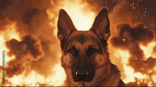 A German shepherd against a fiery backdrop, exuding loyalty and strength.
