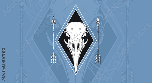 Symmetrical mystical composition with a bird skull inside a diamond shape, flanked by arrows, over a faint geometric background.