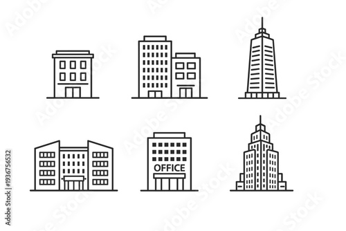 Simple outline icons of diverse office buildings and skyscrapers